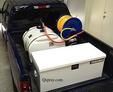 50 Gallon electric sprayer in compact truck with toolbox.  This sprayer will fit any pickup truck